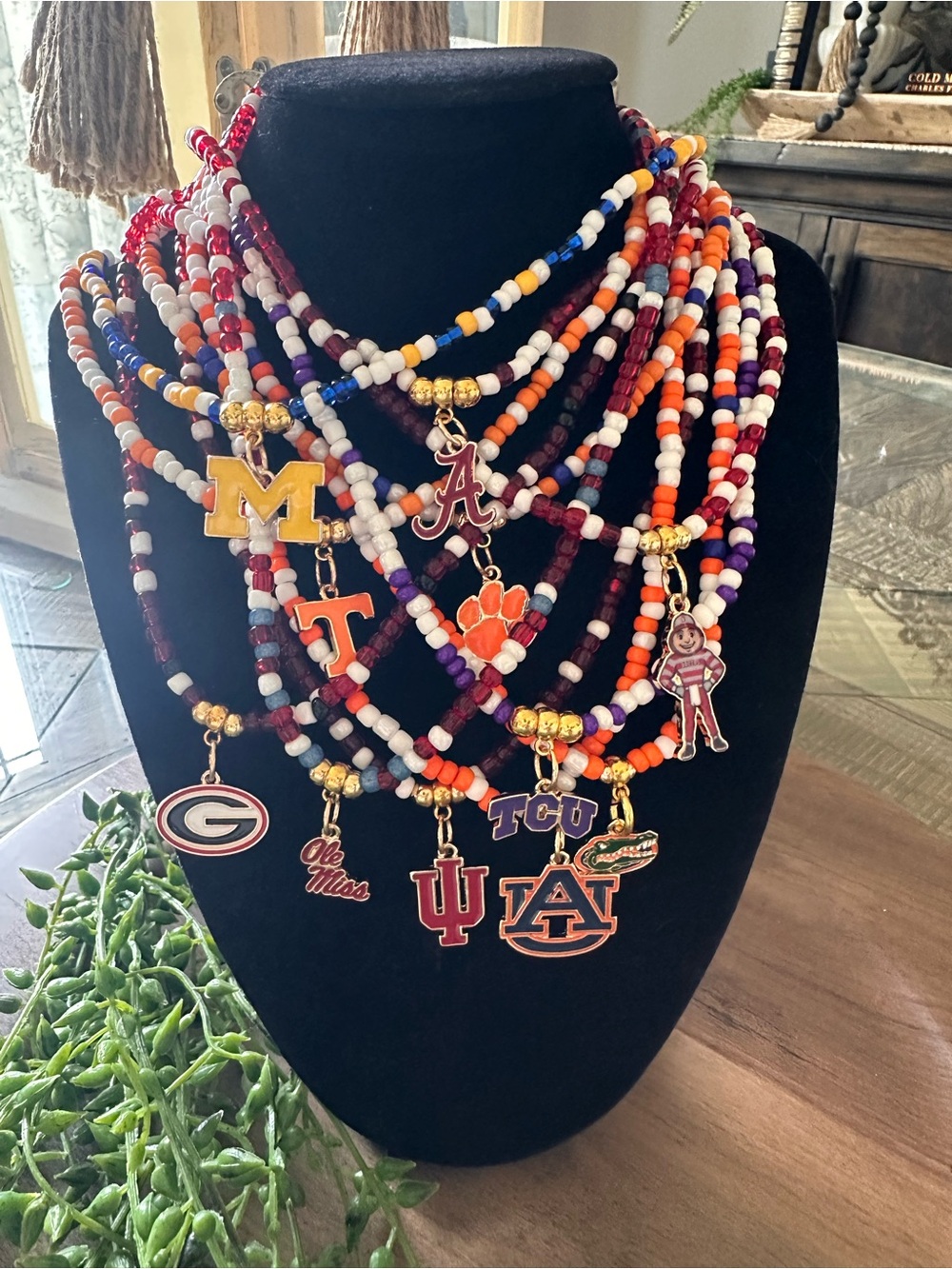 College Game Day Football Beaded Necklace 17" Stretch Team Spirit  Handmade